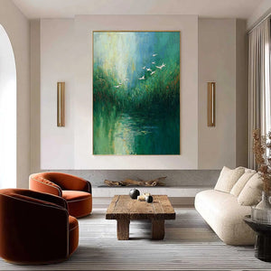 VERDANT VOYAGE: Textured Green Landscape Painting with Birds