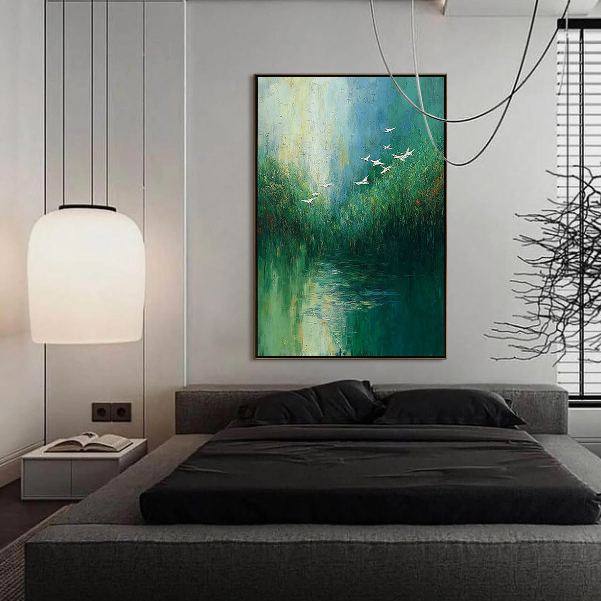 VERDANT VOYAGE: Textured Green Landscape Painting with Birds