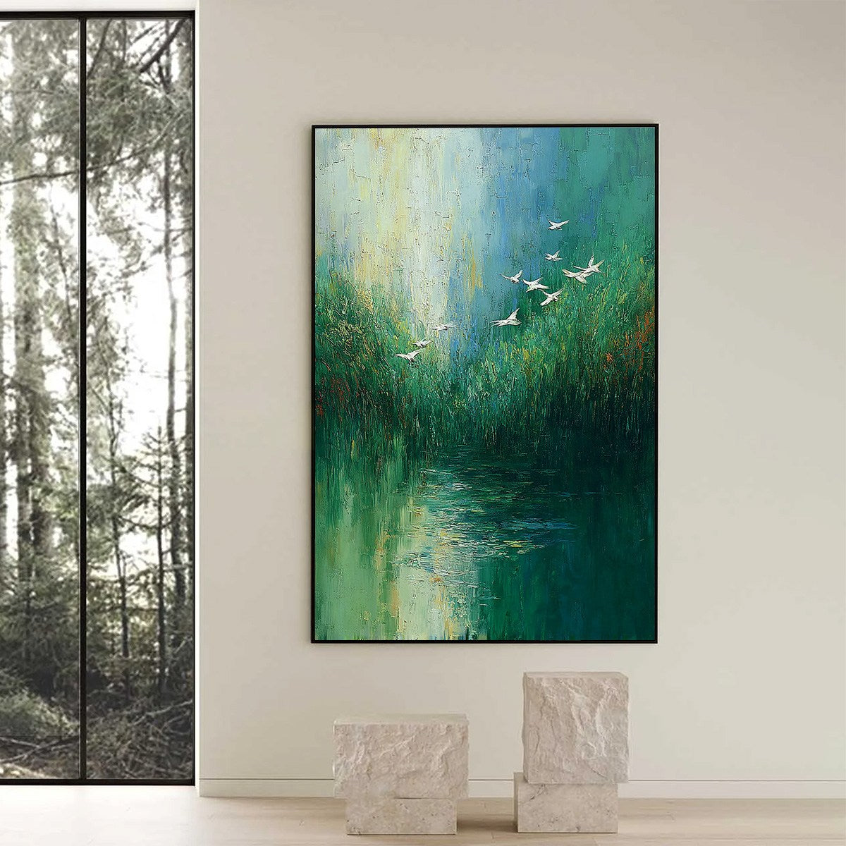 VERDANT VOYAGE: Textured Green Landscape Painting with Birds