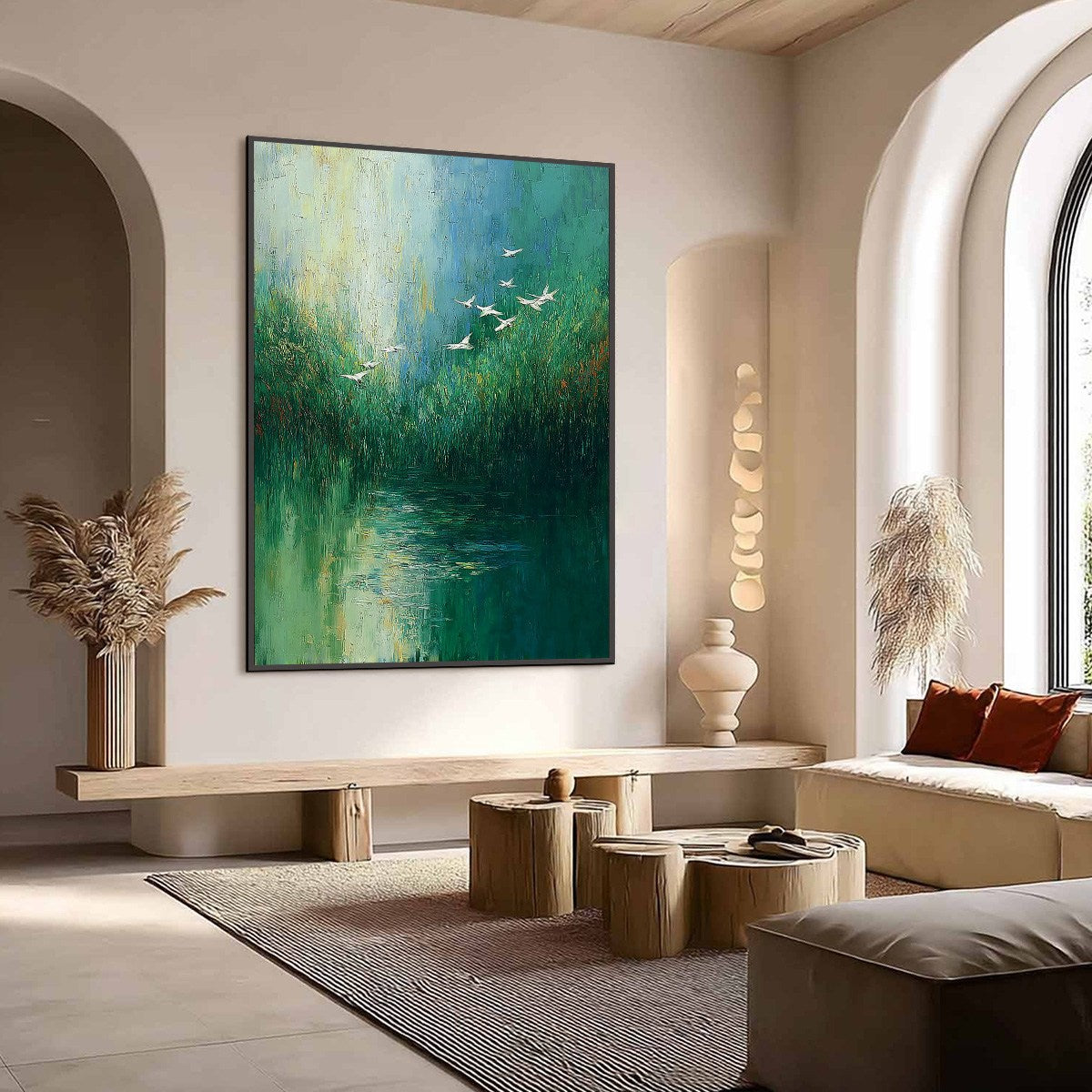 VERDANT VOYAGE: Textured Green Landscape Painting with Birds
