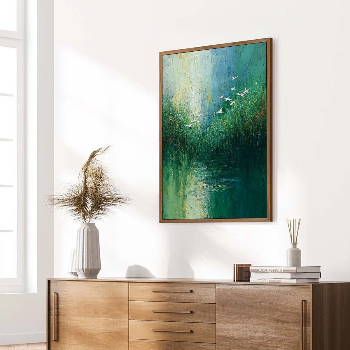 VERDANT VOYAGE: Textured Green Landscape Painting with Birds