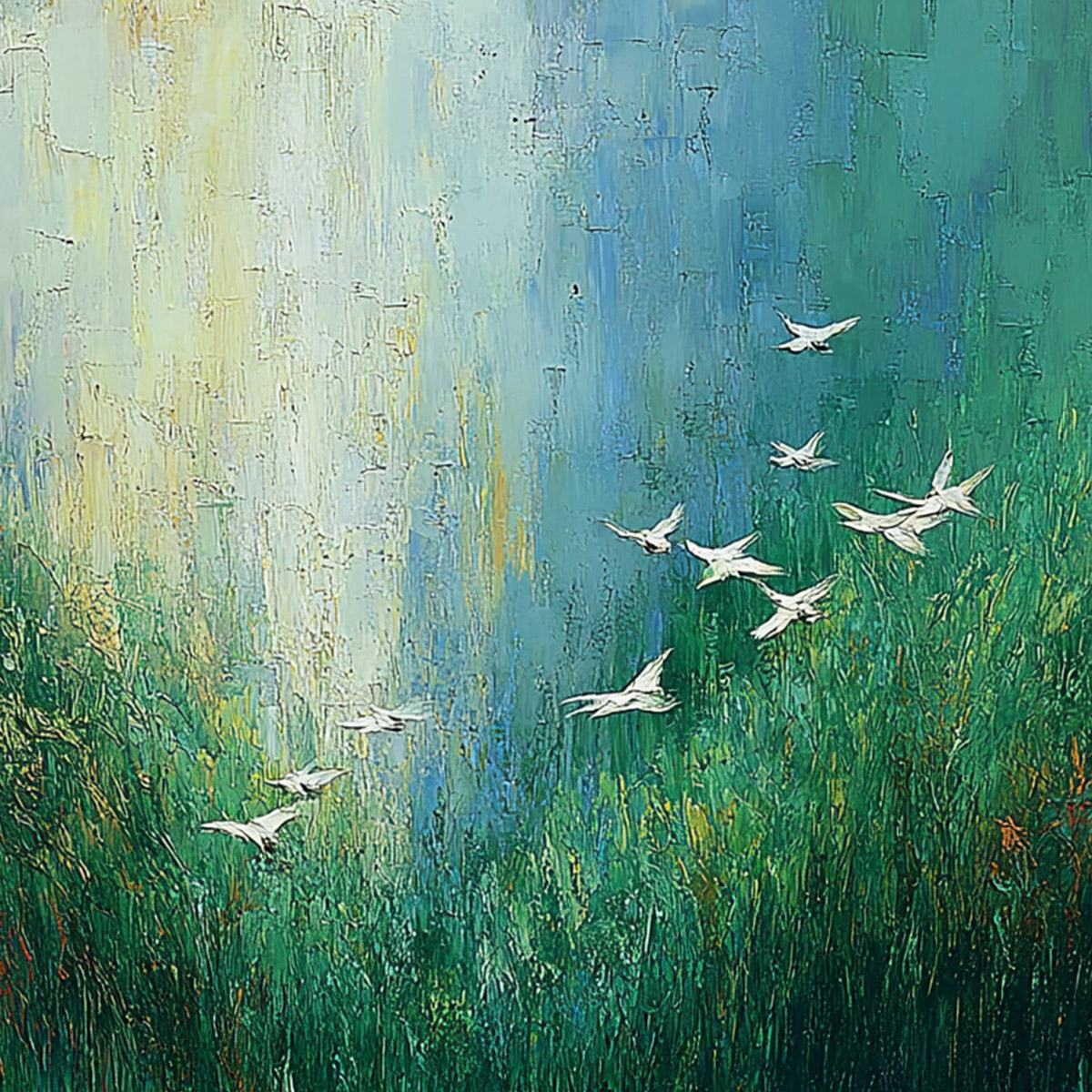 VERDANT VOYAGE: Textured Green Landscape Painting with Birds