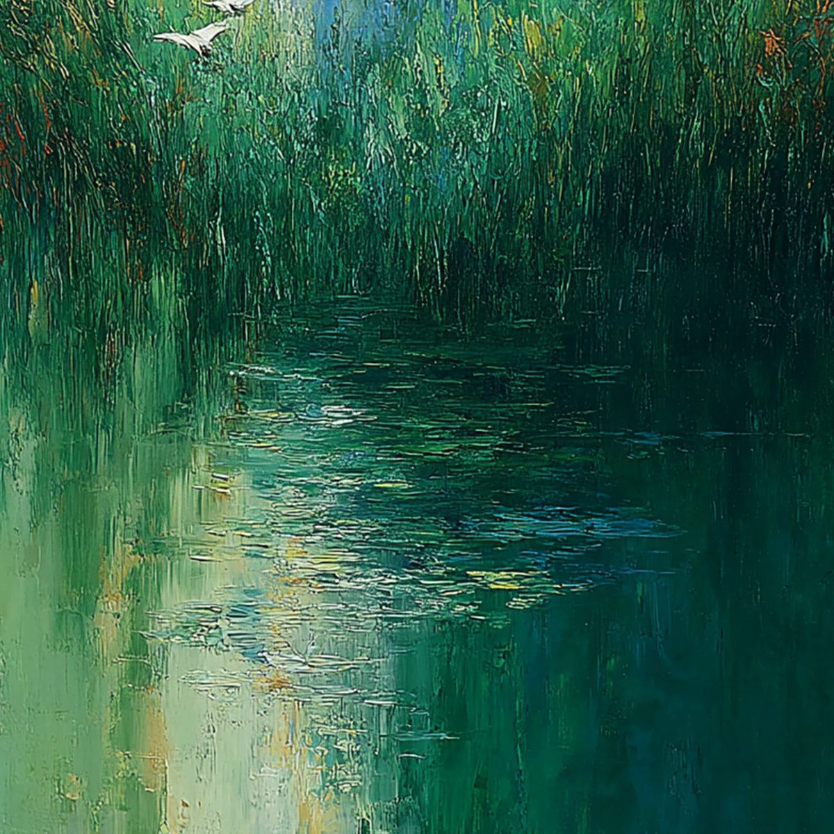 VERDANT VOYAGE: Textured Green Landscape Painting with Birds