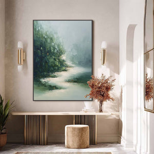 VERDANT WHISPER: Textured Wabi Sabi Forest & River Landscape Painting