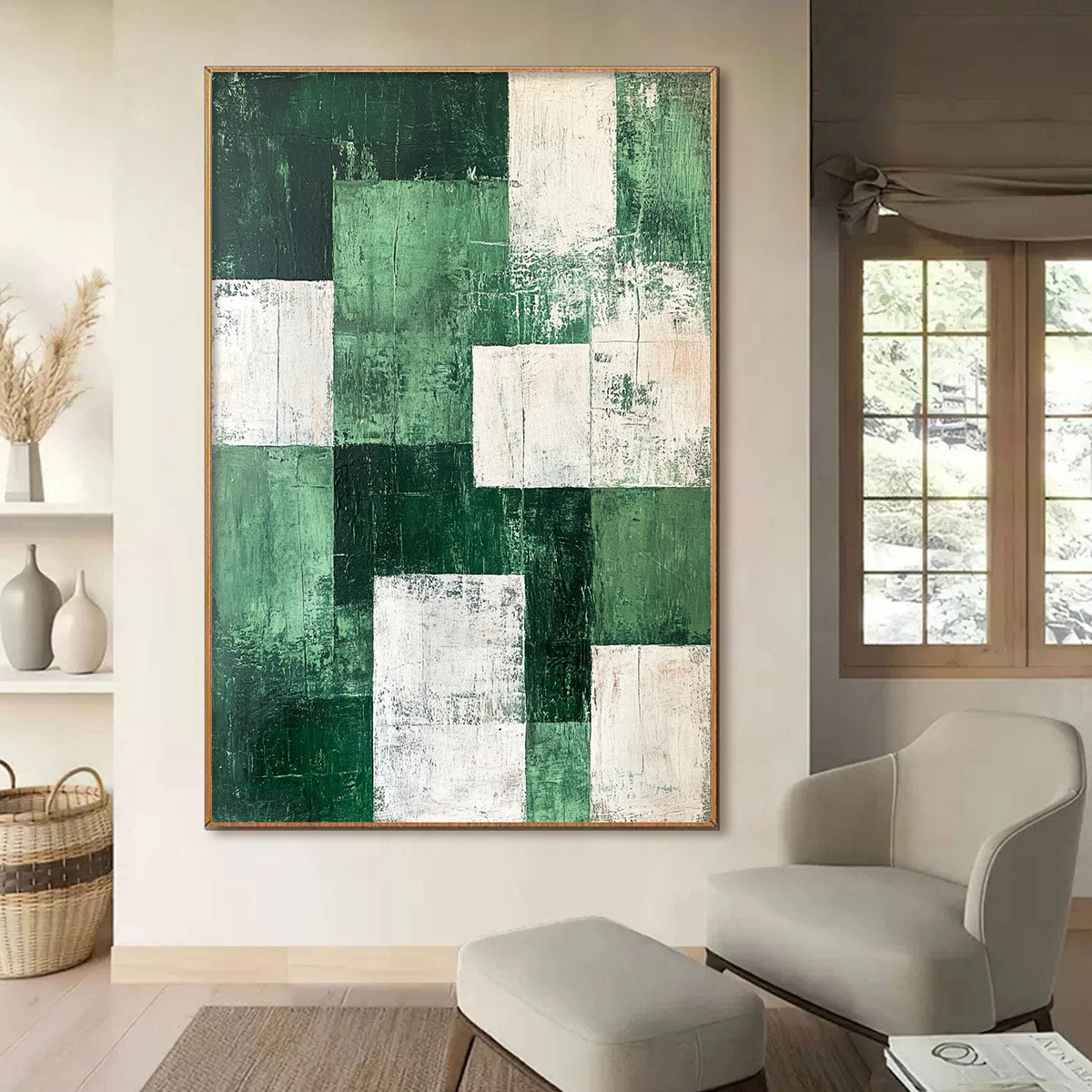 VERDANT BLOCKS: Textured Abstract Grid Oil Painting
