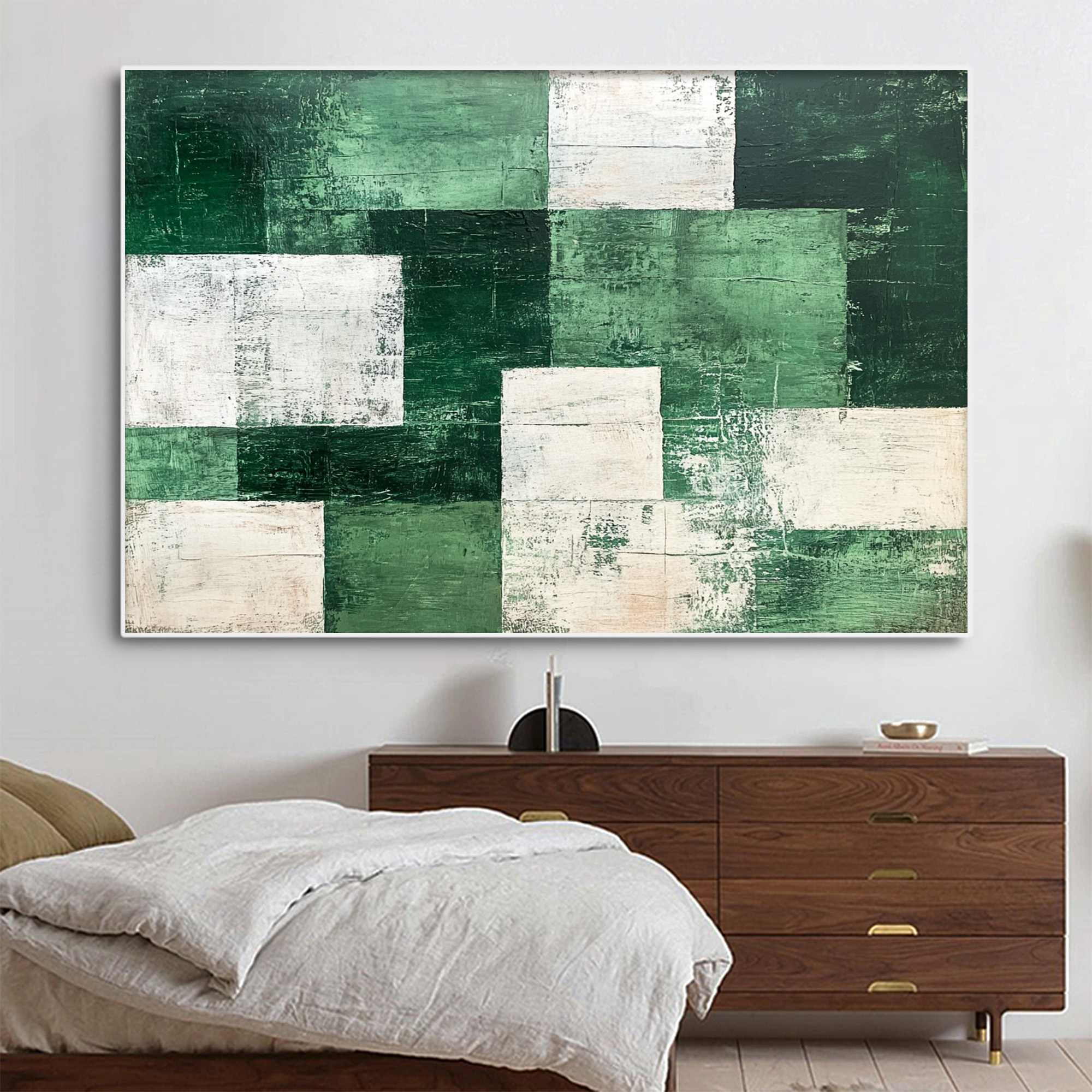 Verdant Blocks: Original Textured Abstract Oil Painting - Green White Impasto Vertical Wall Art