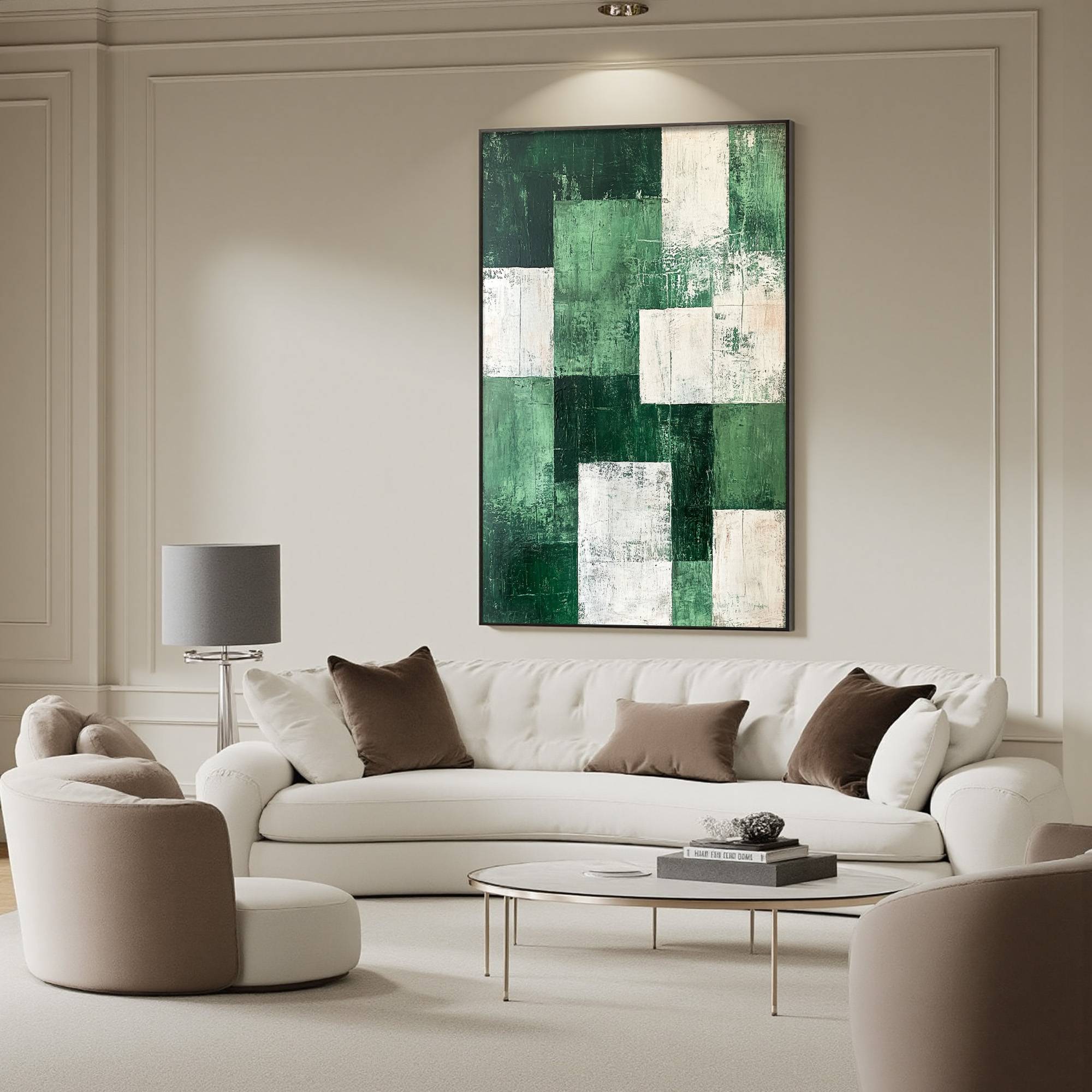VERDANT BLOCKS: Textured Abstract Grid Oil Painting