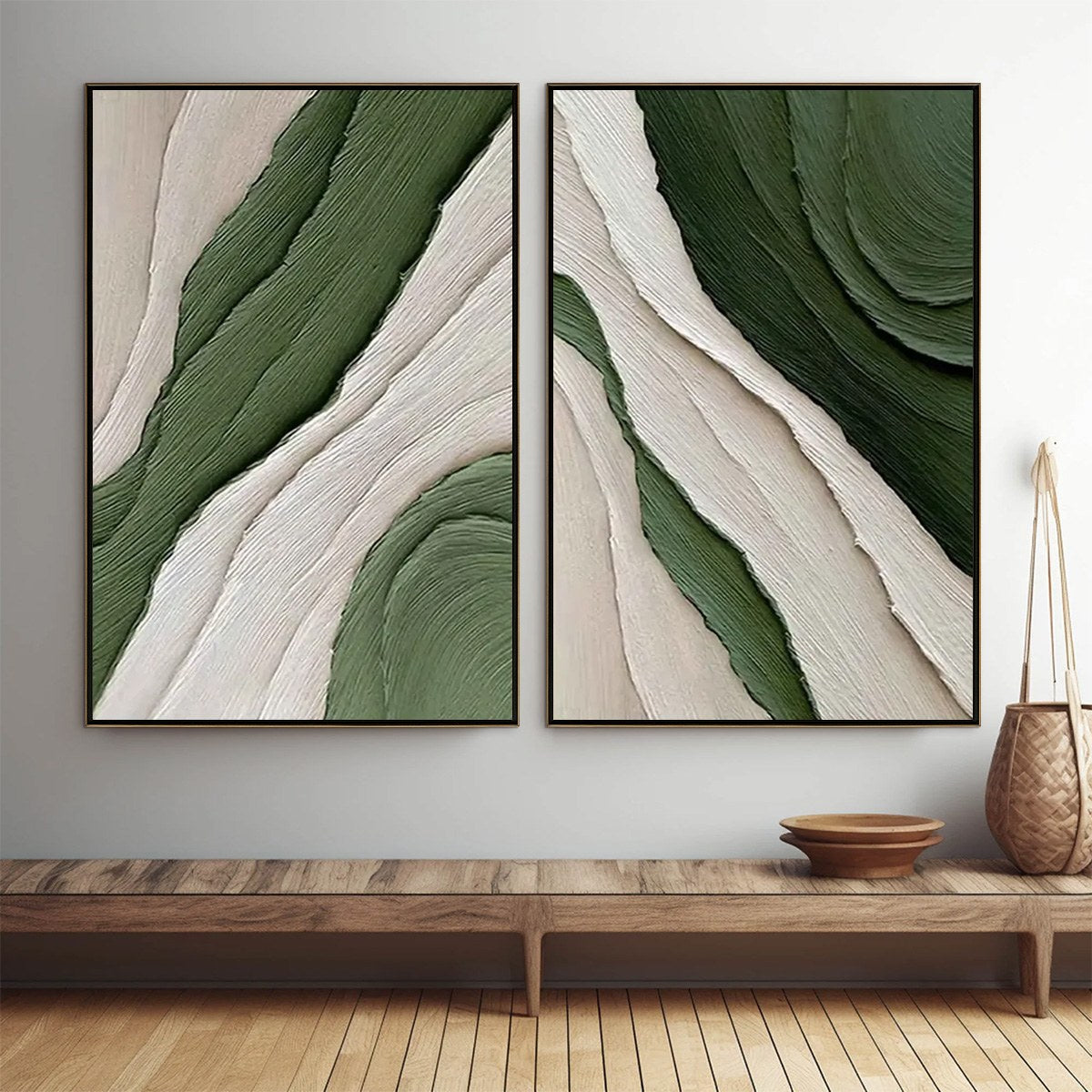 VERDANT FLOW: Textured Abstract Green and White Diptych Painting