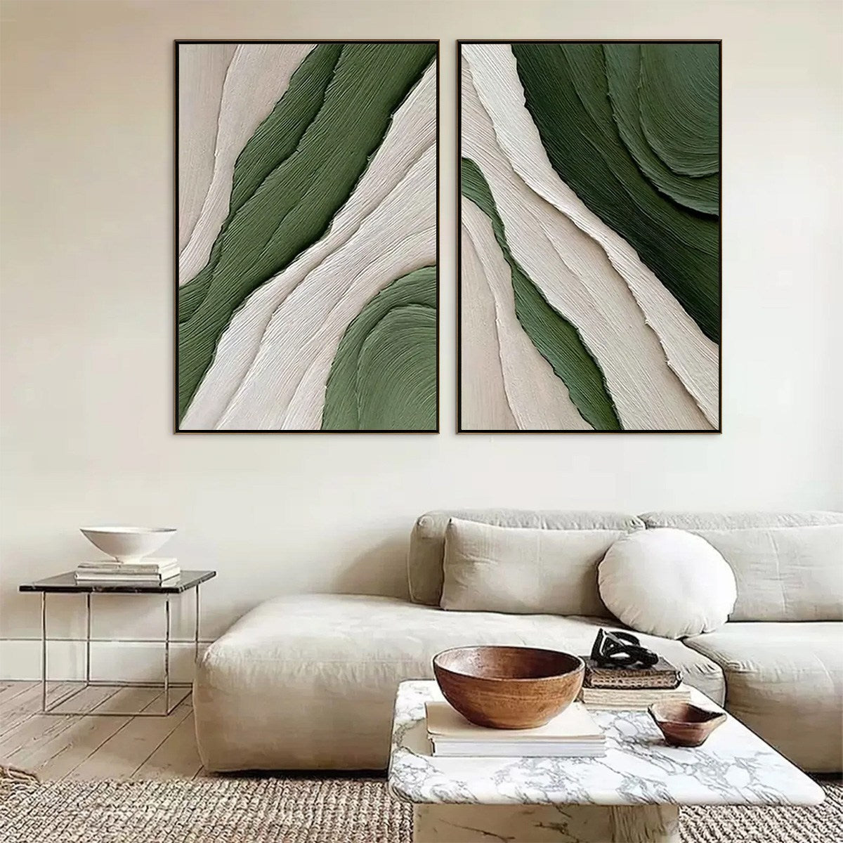 VERDANT FLOW: Textured Abstract Green and White Diptych Painting
