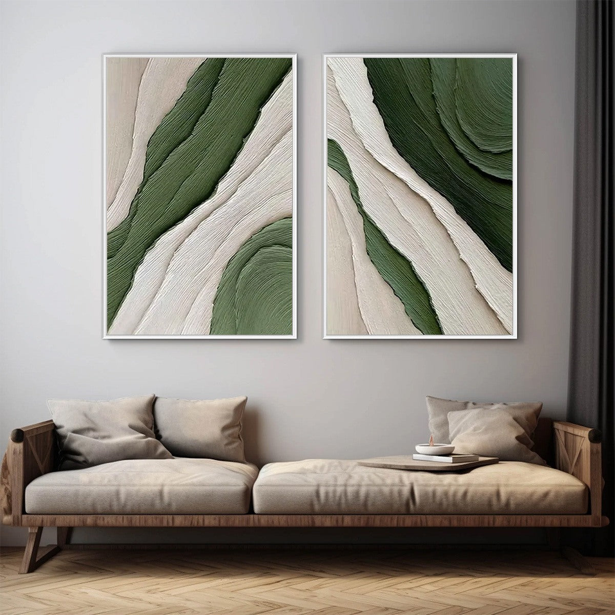 VERDANT FLOW: Textured Abstract Green and White Diptych Painting