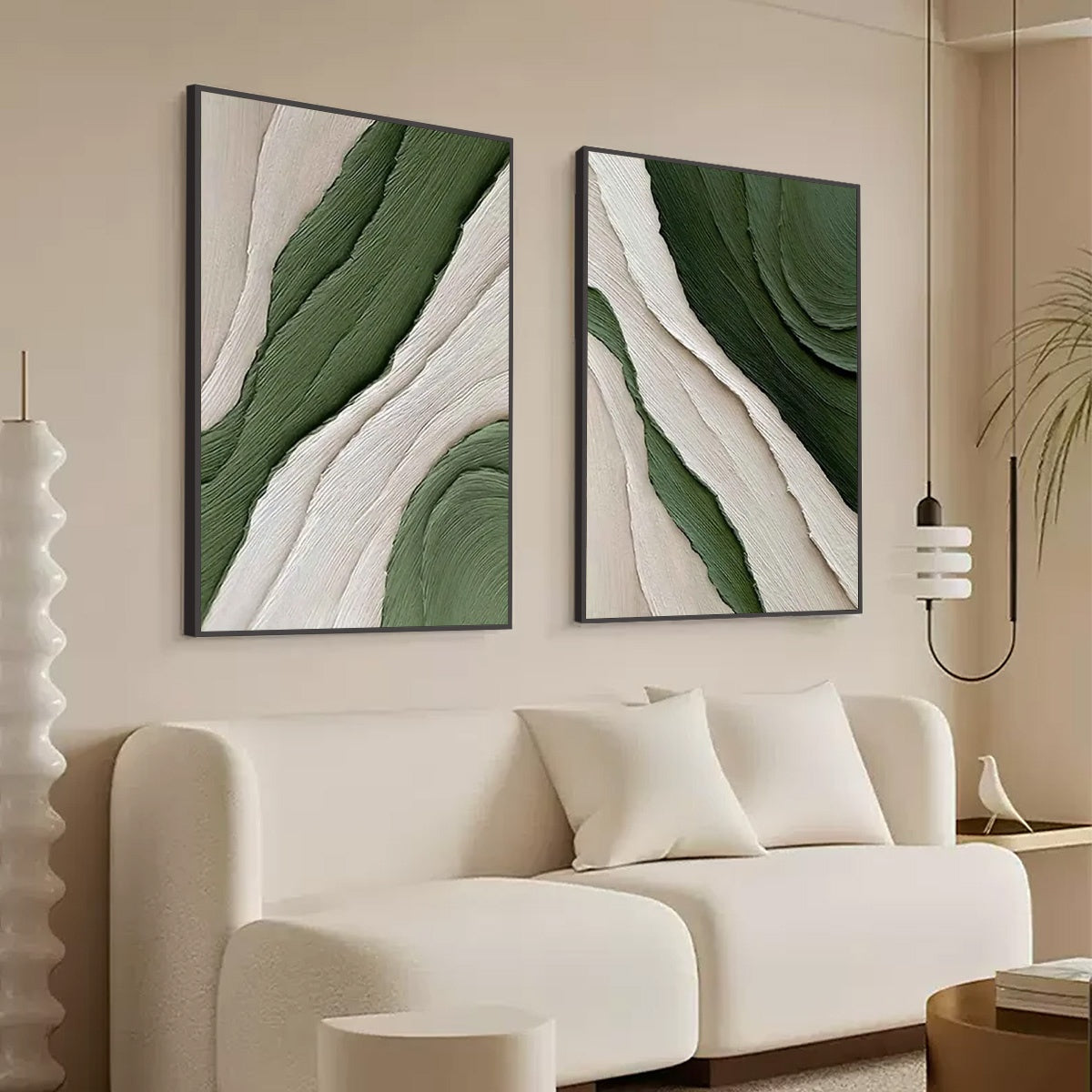 VERDANT FLOW: Textured Abstract Green and White Diptych Painting