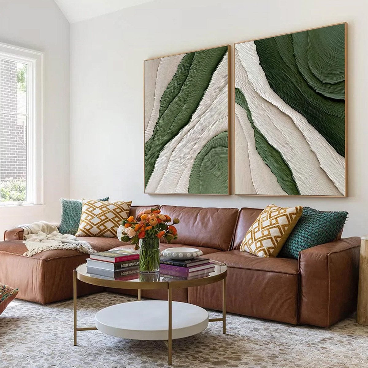 VERDANT FLOW: Textured Abstract Green and White Diptych Painting