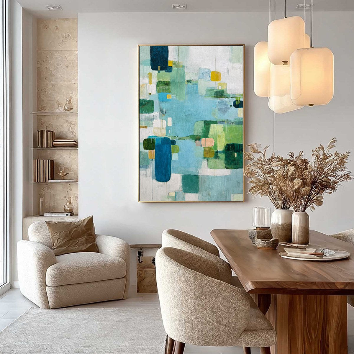 VERDANT MOSAIC: Vertical Modern Blue and Green Abstract Painting