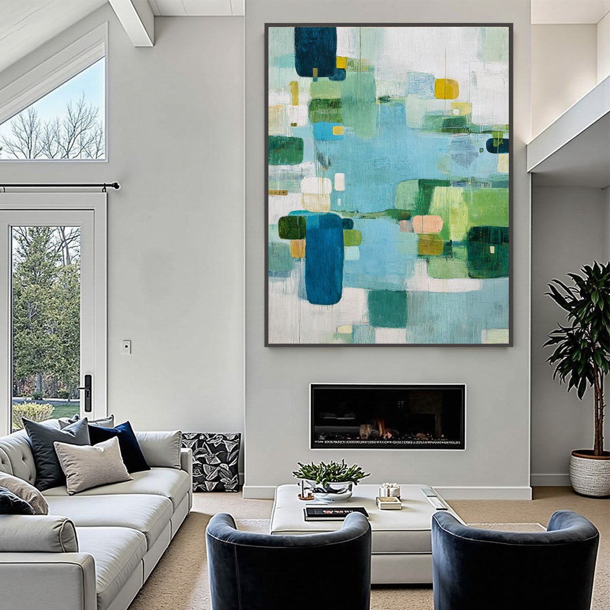 VERDANT MOSAIC: Vertical Modern Blue and Green Abstract Painting