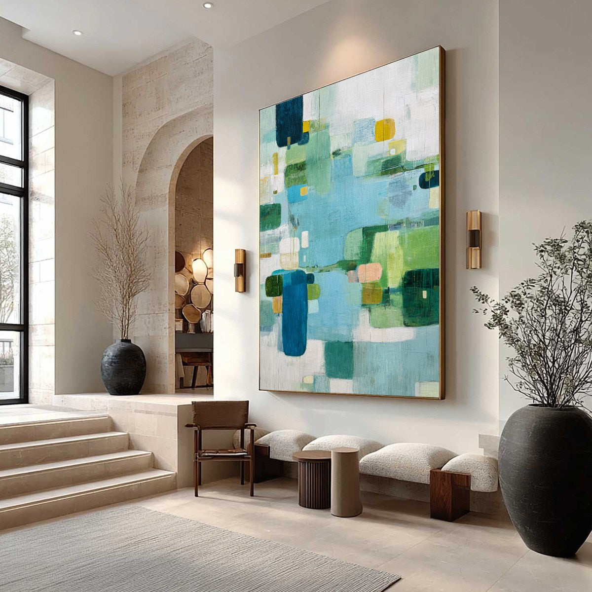 VERDANT MOSAIC: Vertical Modern Blue and Green Abstract Painting