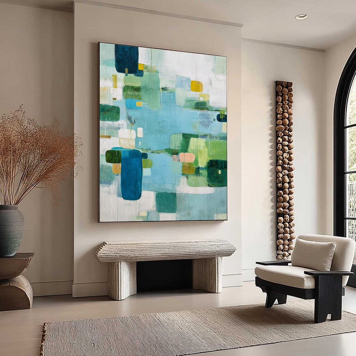 VERDANT MOSAIC: Vertical Modern Blue and Green Abstract Painting