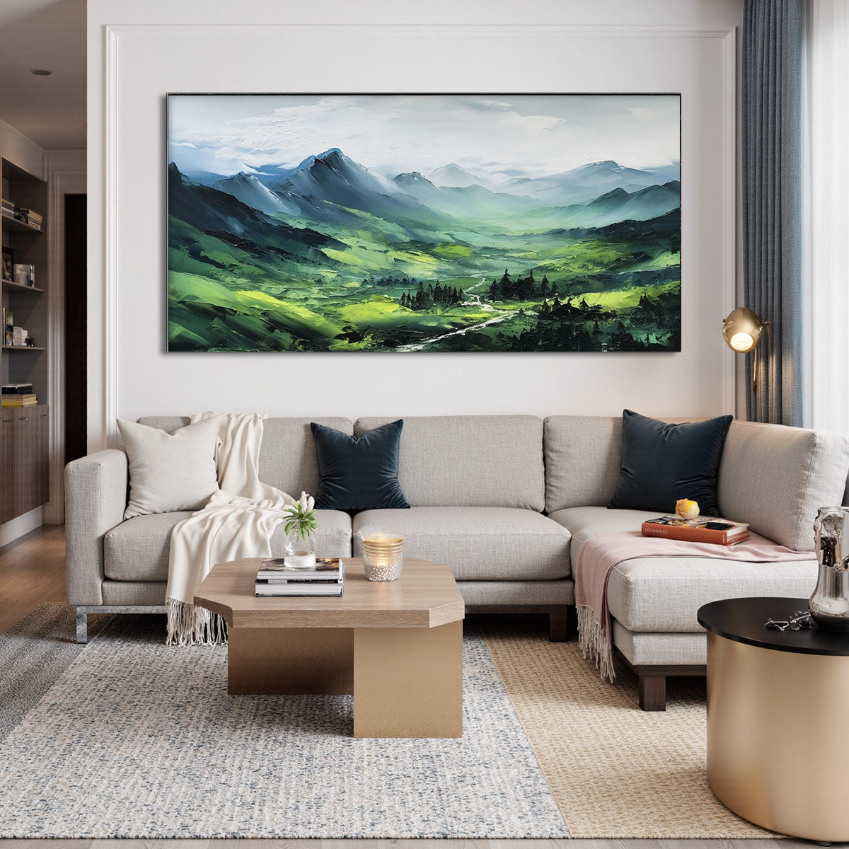 Verdant Valley Vista: Original Abstract Landscape Oil Painting - Textured Mountain Valley Wall Art Decor