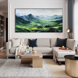 Verdant Valley Vista: Original Abstract Landscape Oil Painting - Textured Mountain Valley Wall Art Decor