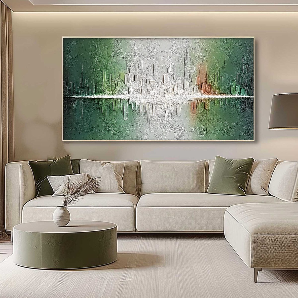 VERIDIAN REFLECTIONS: Textured Abstract Cityscape Reflection Painting