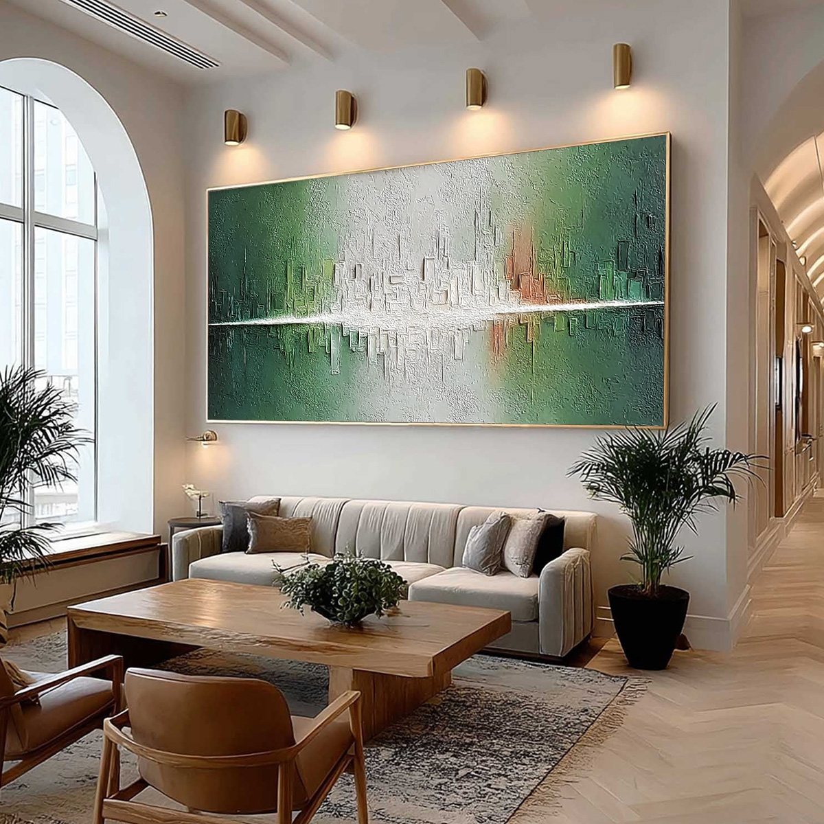 VERIDIAN REFLECTIONS: Textured Abstract Cityscape Reflection Painting