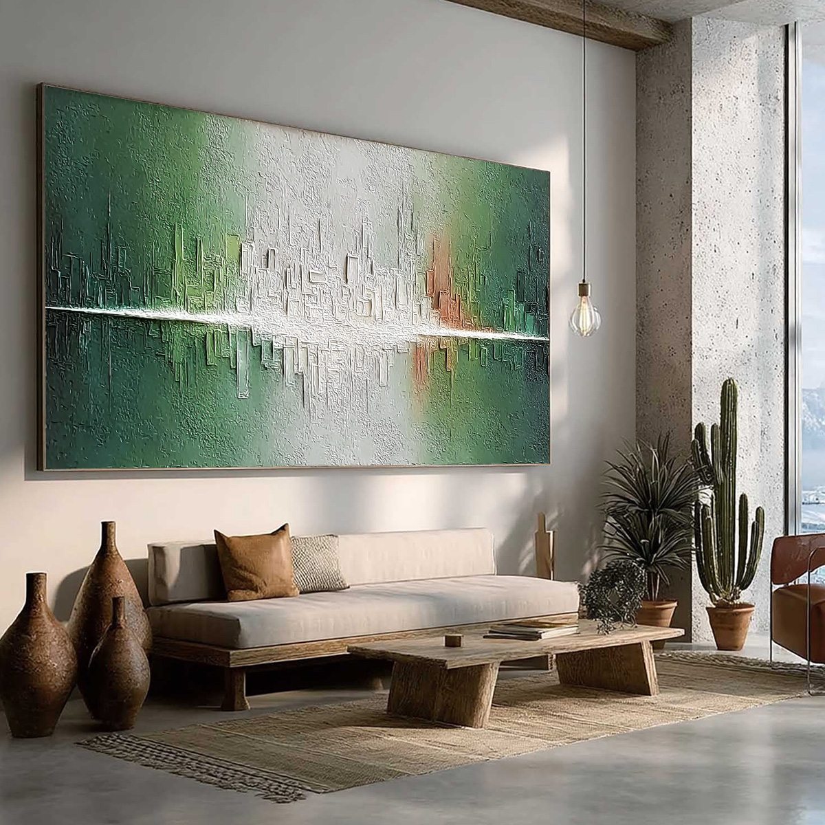VERIDIAN REFLECTIONS: Textured Abstract Cityscape Reflection Painting