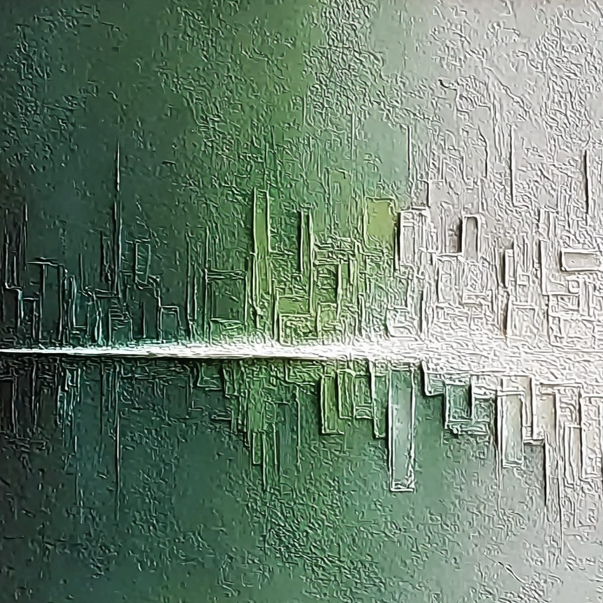 VERIDIAN REFLECTIONS: Textured Abstract Cityscape Reflection Painting