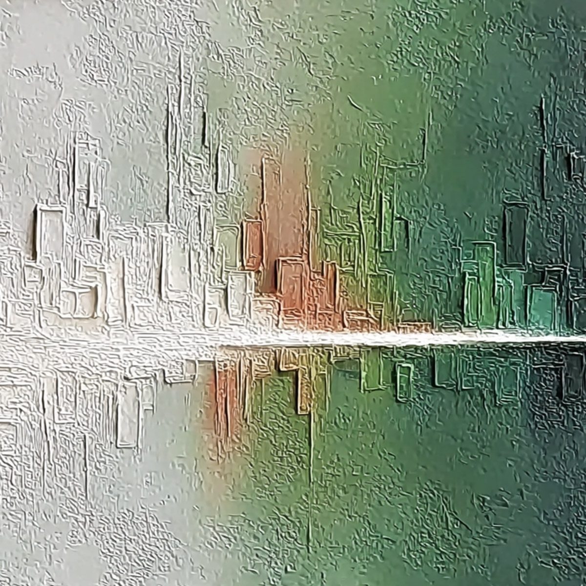 VERIDIAN REFLECTIONS: Textured Abstract Cityscape Reflection Painting