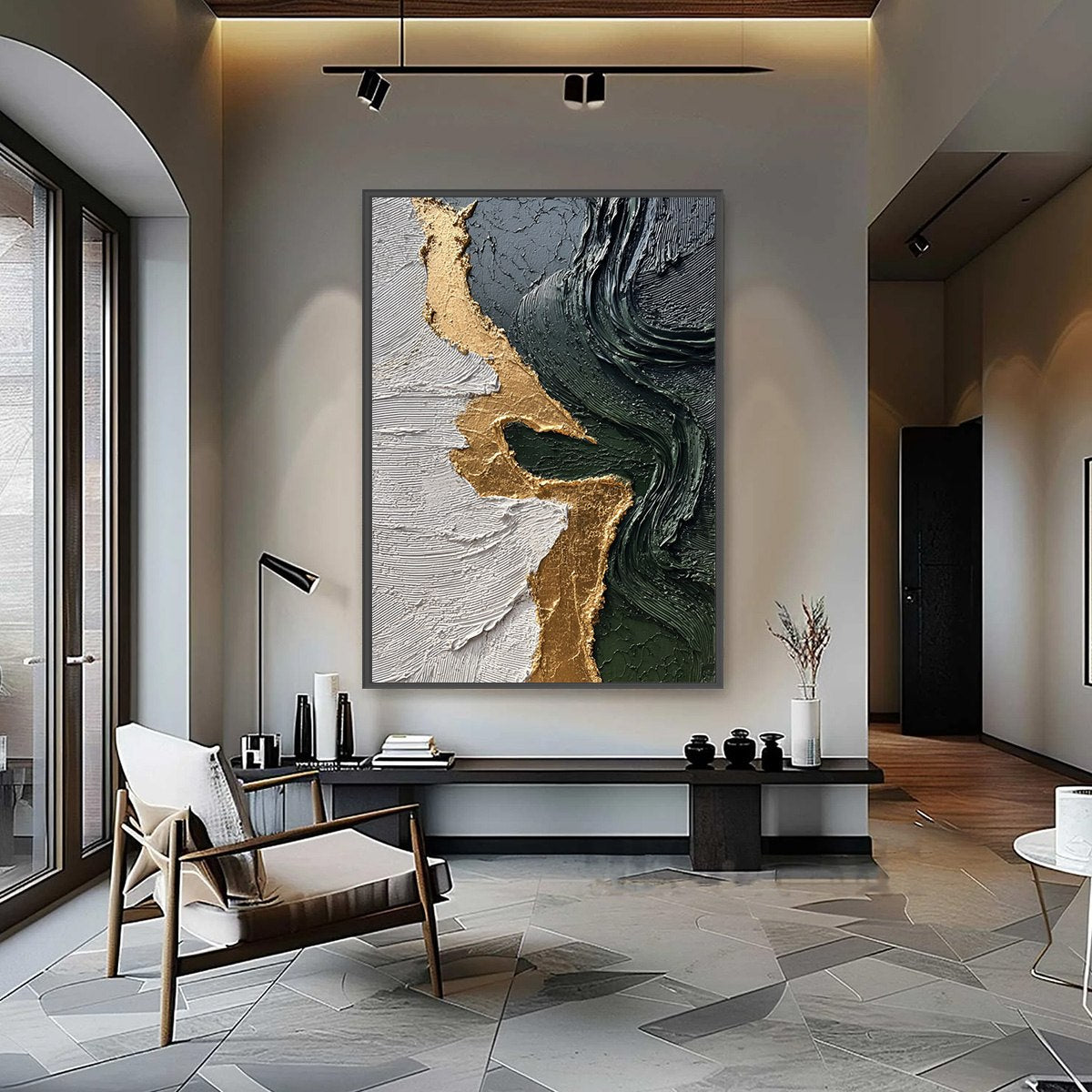 VERIDIAN RIFT: Large Vertical Textured Abstract Green and Gold Painting