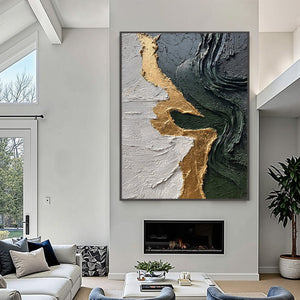VERIDIAN RIFT: Large Vertical Textured Abstract Green and Gold Painting