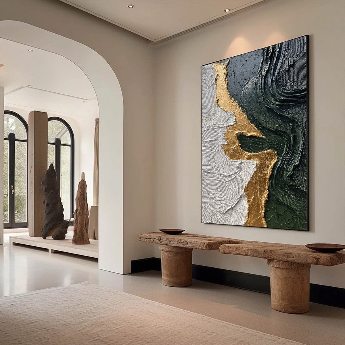 VERIDIAN RIFT: Large Vertical Textured Abstract Green and Gold Painting