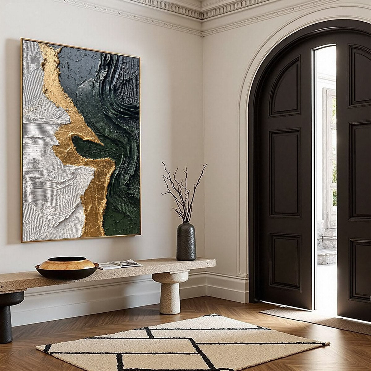VERIDIAN RIFT: Large Vertical Textured Abstract Green and Gold Painting