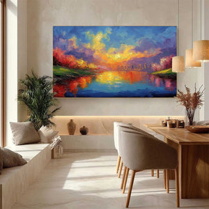 VIBRANT HORIZON: Textured Impasto Cityscape Sunset Painting
