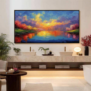 VIBRANT HORIZON: Textured Impasto Cityscape Sunset Painting