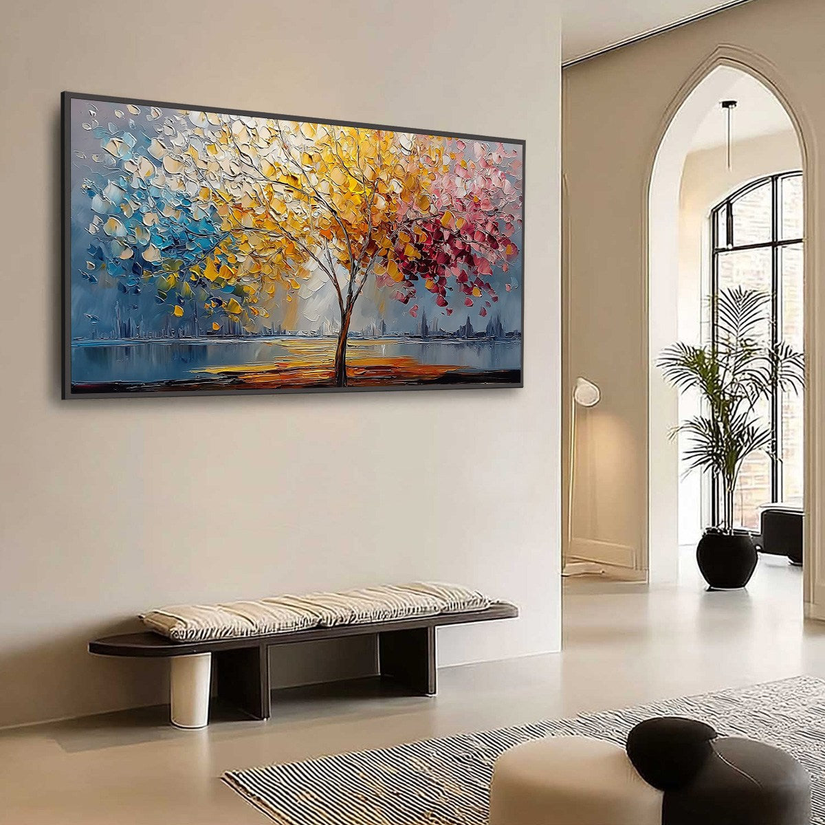 VIBRANT HORIZON: Textured Palette Knife Tree of Life Landscape Painting