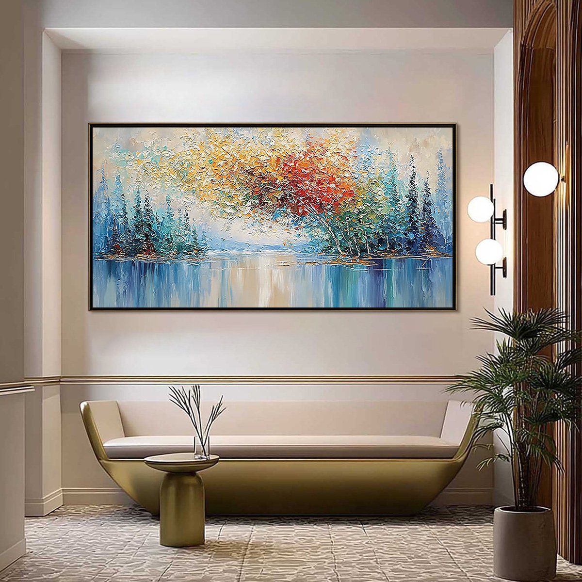 VIBRANT REFLECTIONS: Colorful Textured Impasto Forest and Lake Painting