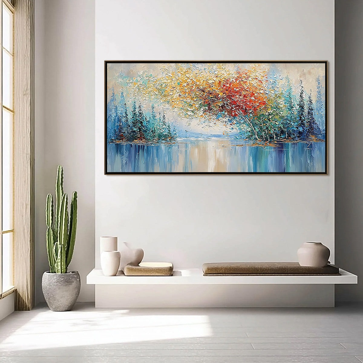 VIBRANT REFLECTIONS: Colorful Textured Impasto Forest and Lake Painting