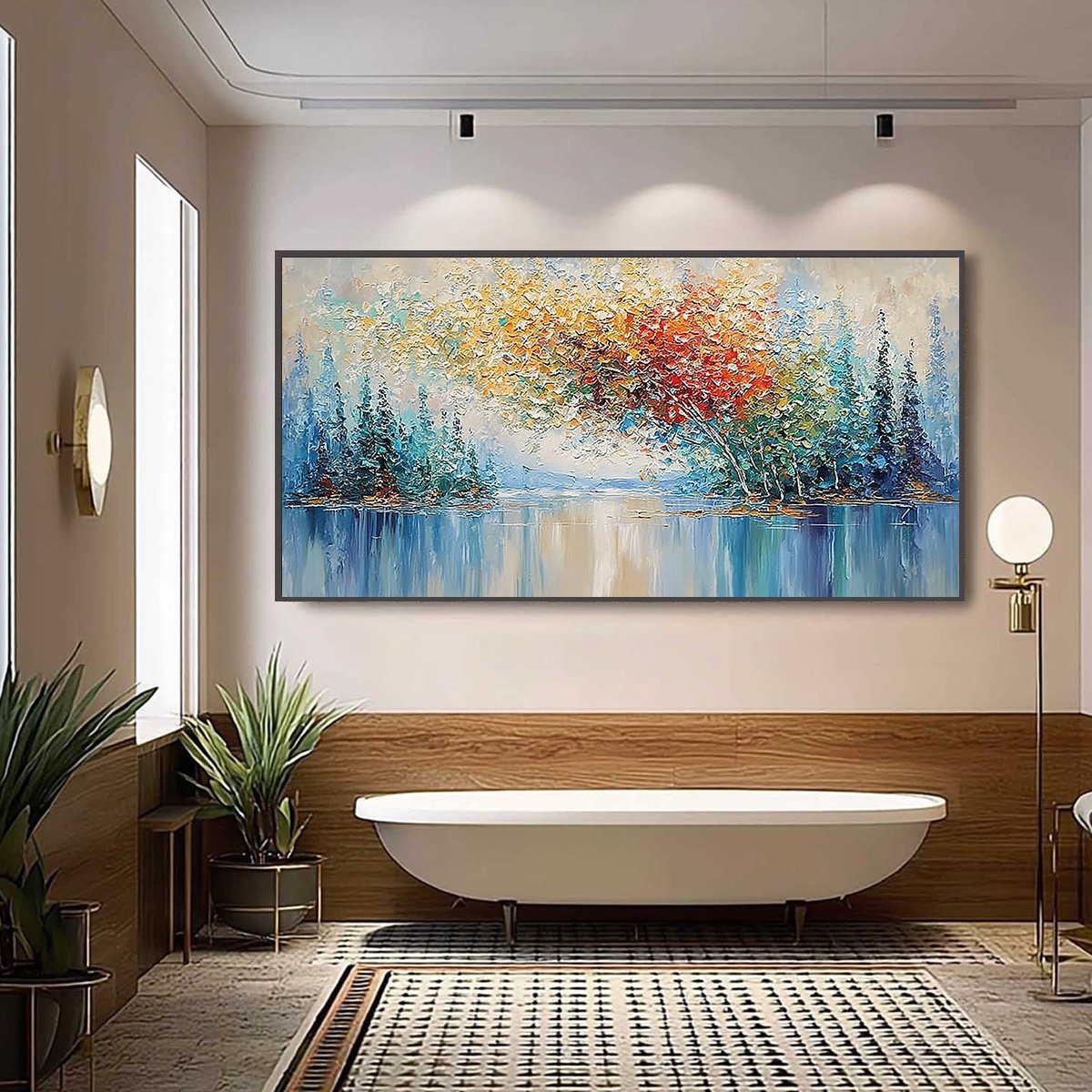 VIBRANT REFLECTIONS: Colorful Textured Impasto Forest and Lake Painting