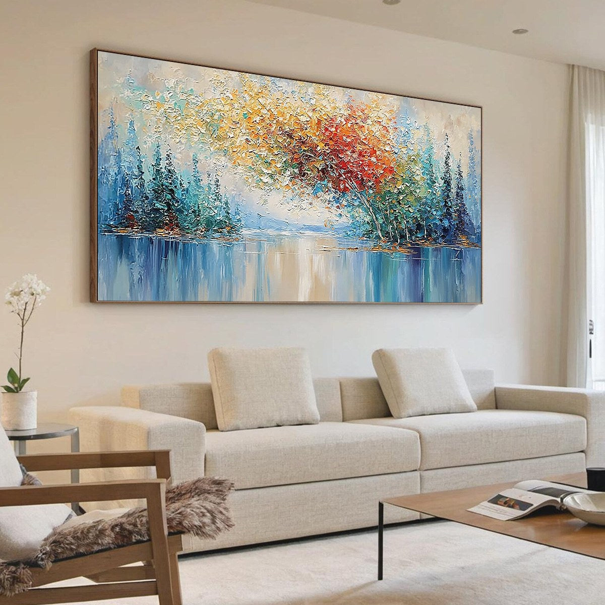 VIBRANT REFLECTIONS: Colorful Textured Impasto Forest and Lake Painting