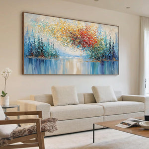 VIBRANT REFLECTIONS: Colorful Textured Impasto Forest and Lake Painting