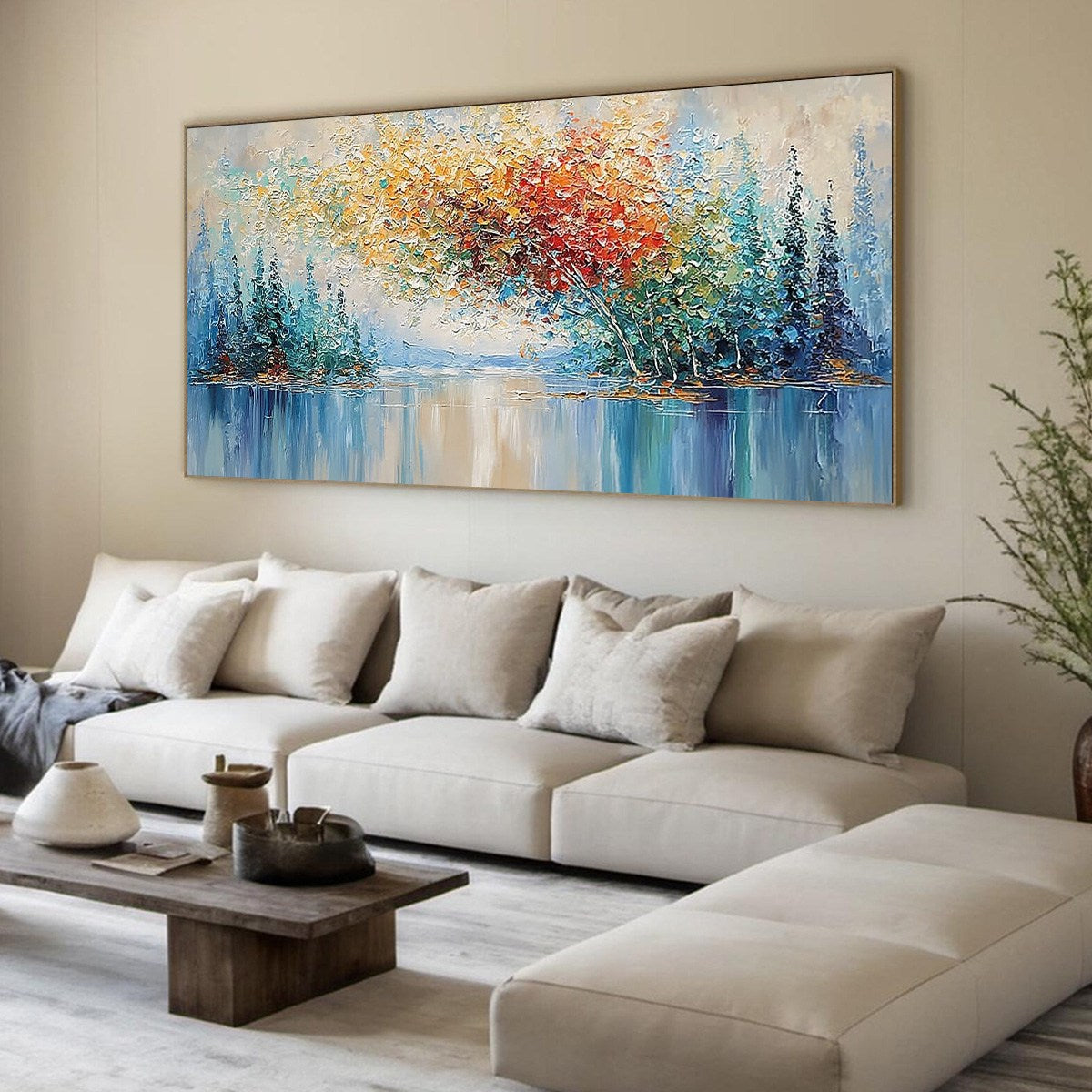 VIBRANT REFLECTIONS: Colorful Textured Impasto Forest and Lake Painting