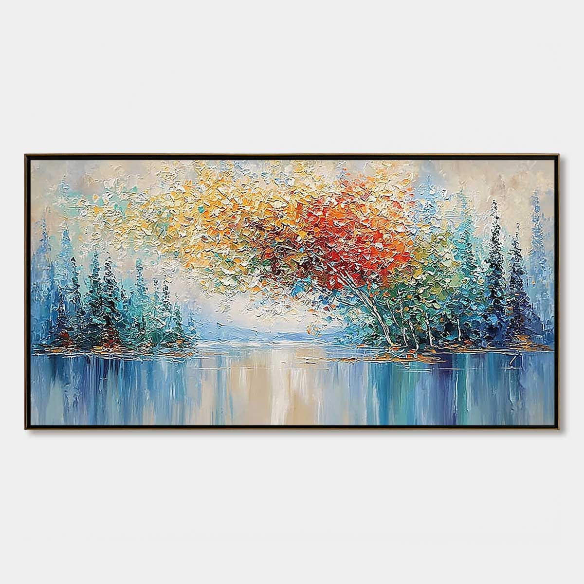 VIBRANT REFLECTIONS: Colorful Textured Impasto Forest and Lake Painting
