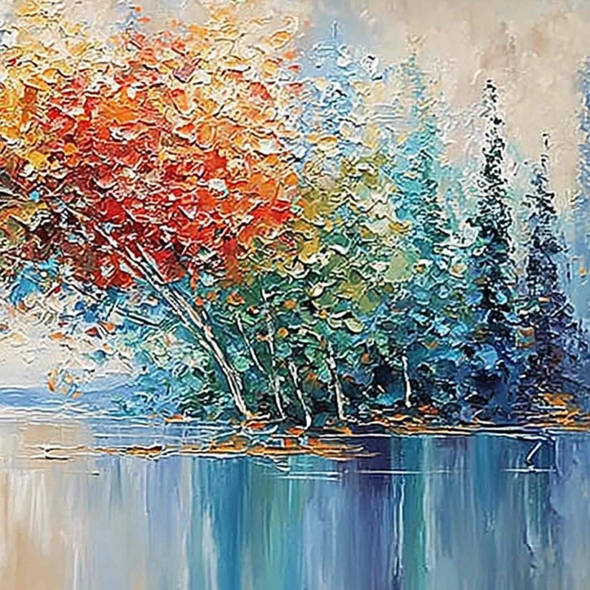 VIBRANT REFLECTIONS: Colorful Textured Impasto Forest and Lake Painting