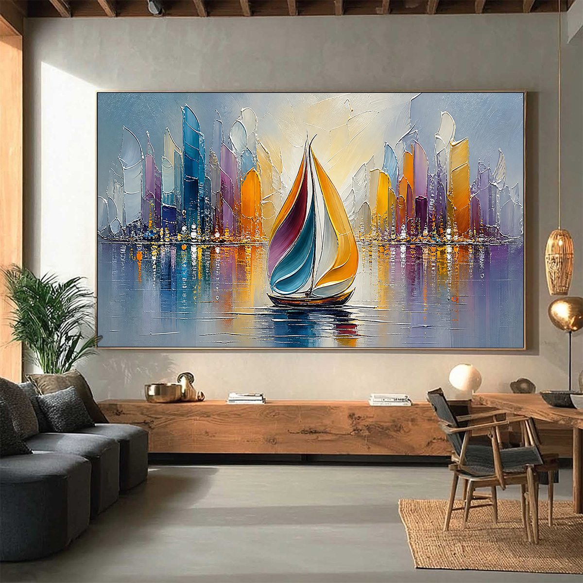 VIBRANT VOYAGE: Textured Abstract Cityscape Sailboat Painting