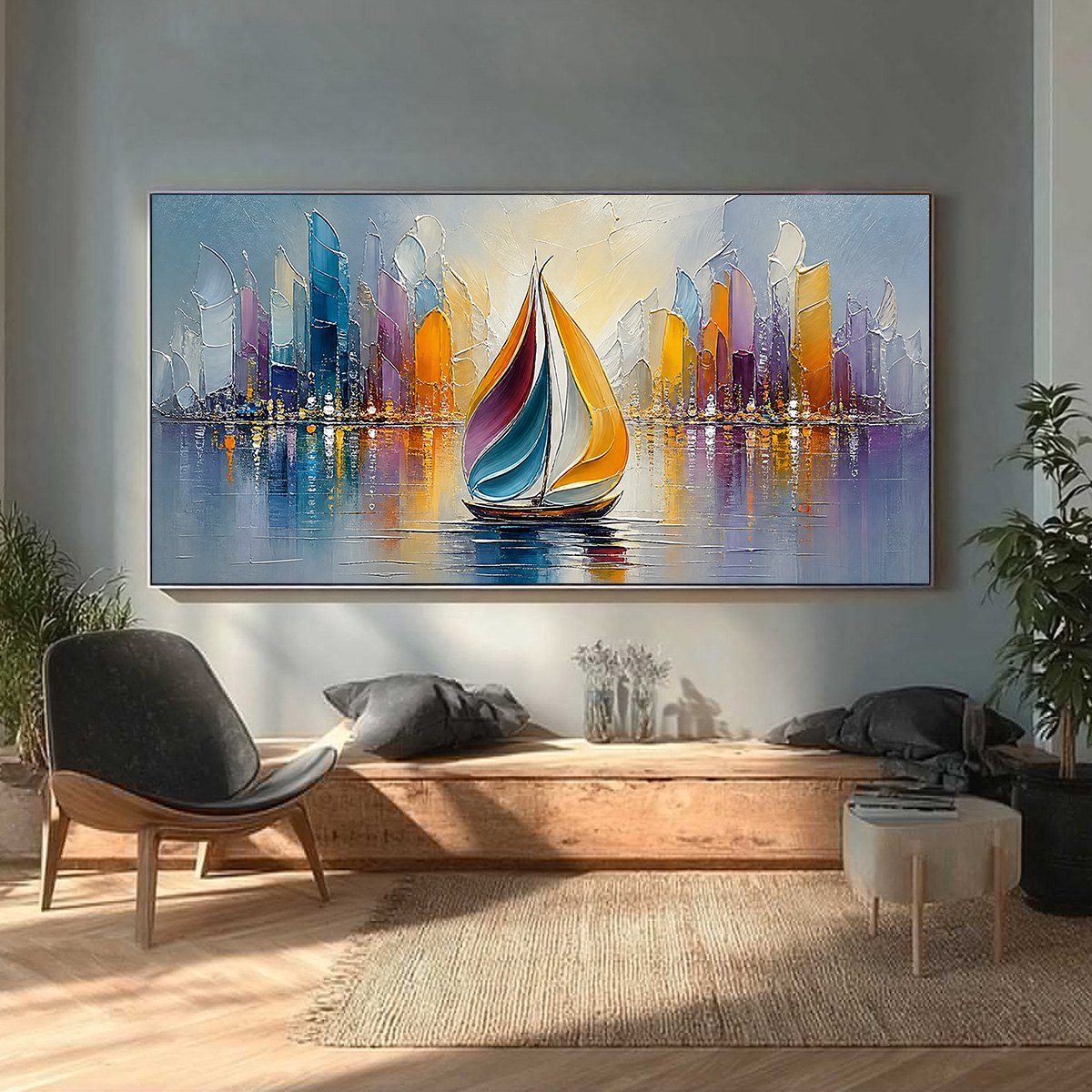 VIBRANT VOYAGE: Textured Abstract Cityscape Sailboat Painting