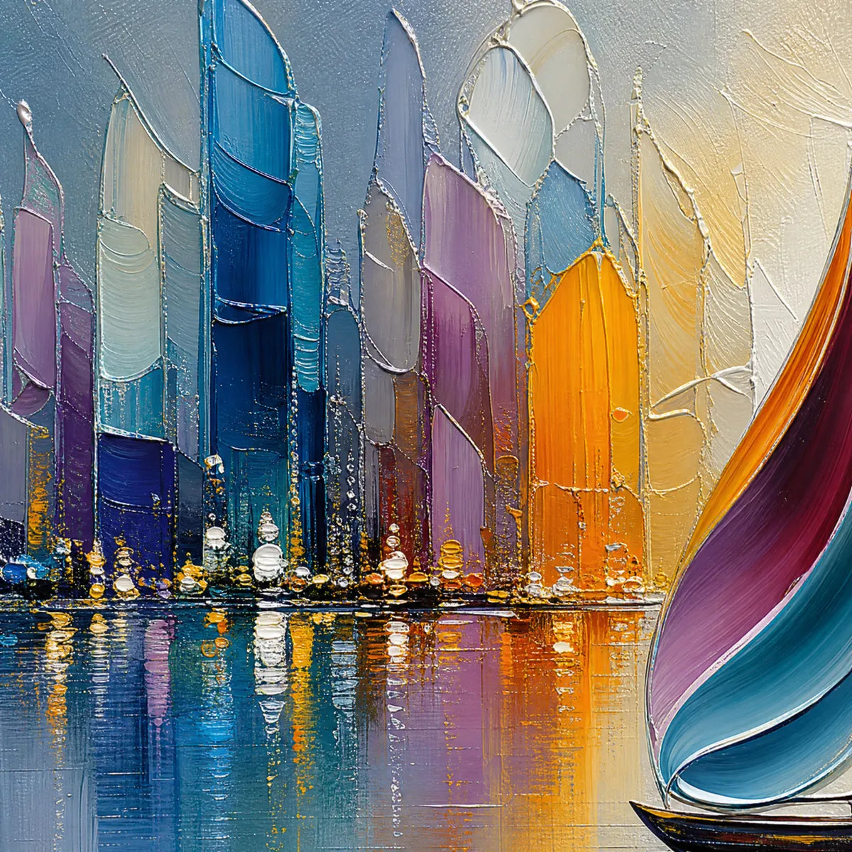 Textured abstract cityscape sailboat painting with colorful impasto skyline and reflections