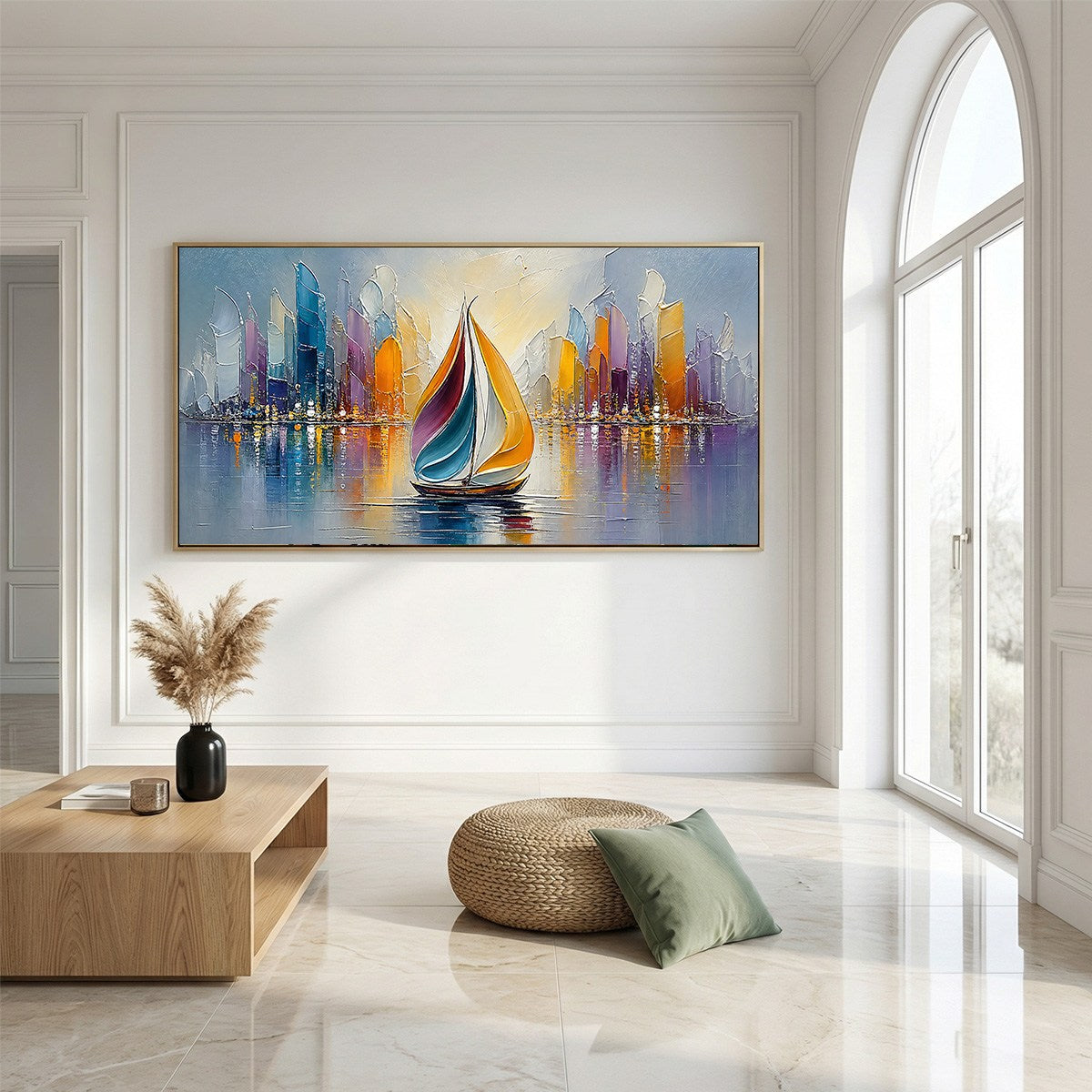 VIBRANT VOYAGE: Textured Abstract Cityscape Sailboat Painting