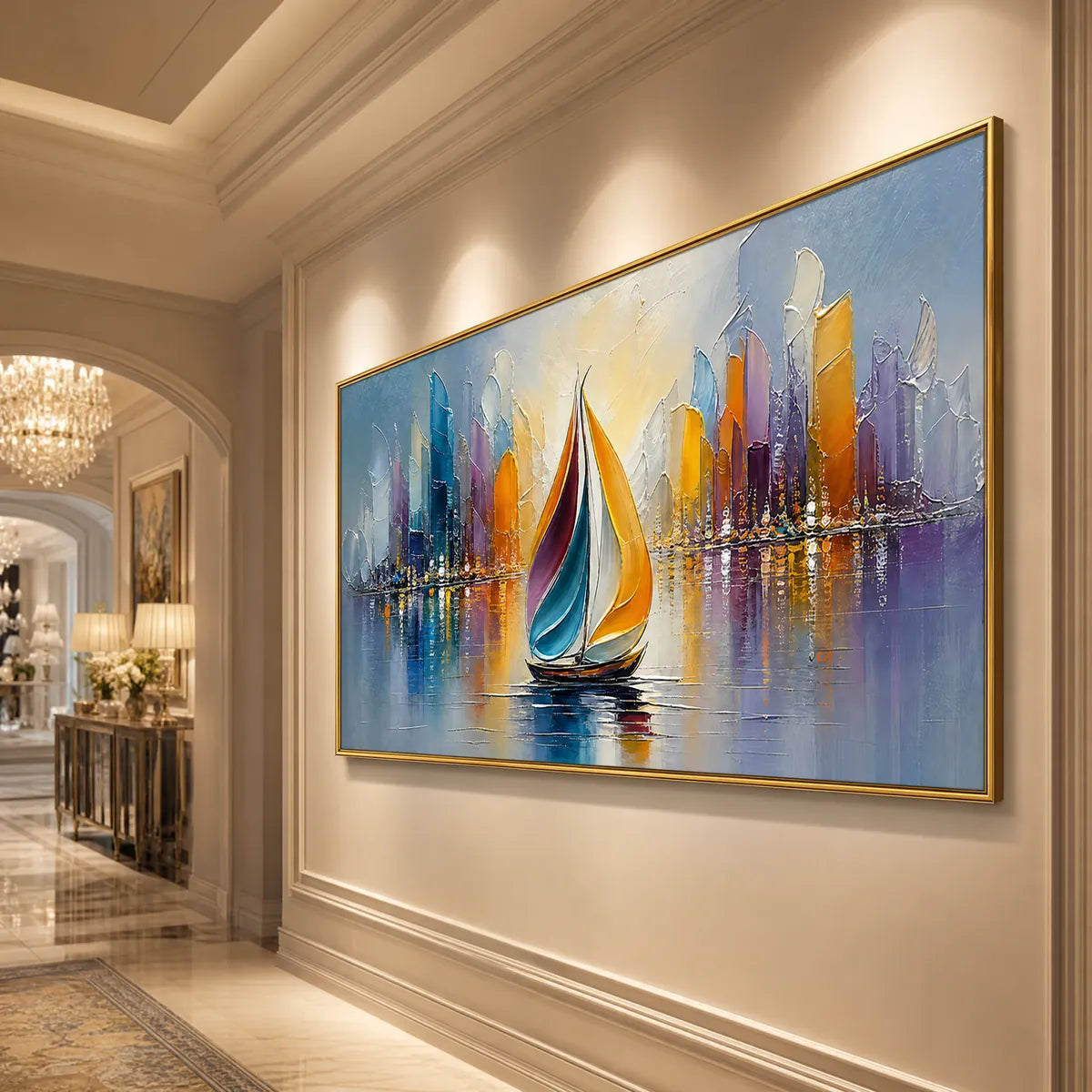 Textured abstract cityscape sailboat painting in gold frame, colorful modern wall art