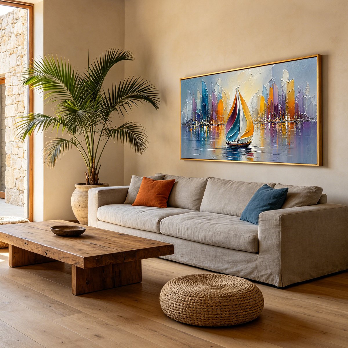 VIBRANT VOYAGE: Textured Abstract Cityscape Sailboat Painting