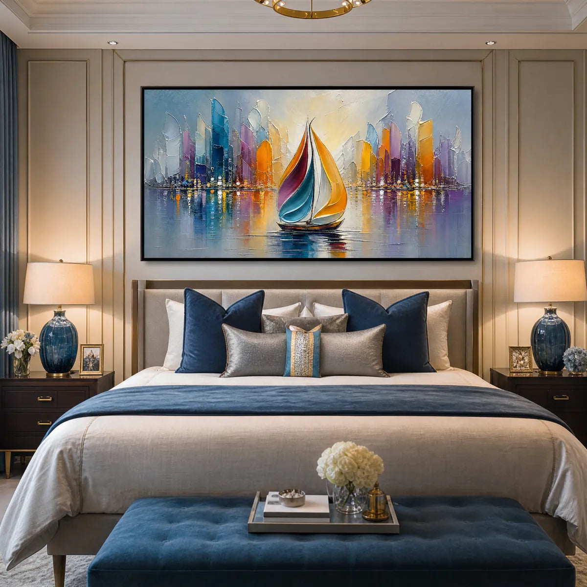 Textured abstract sailboat wall art above a luxury bedroom bed