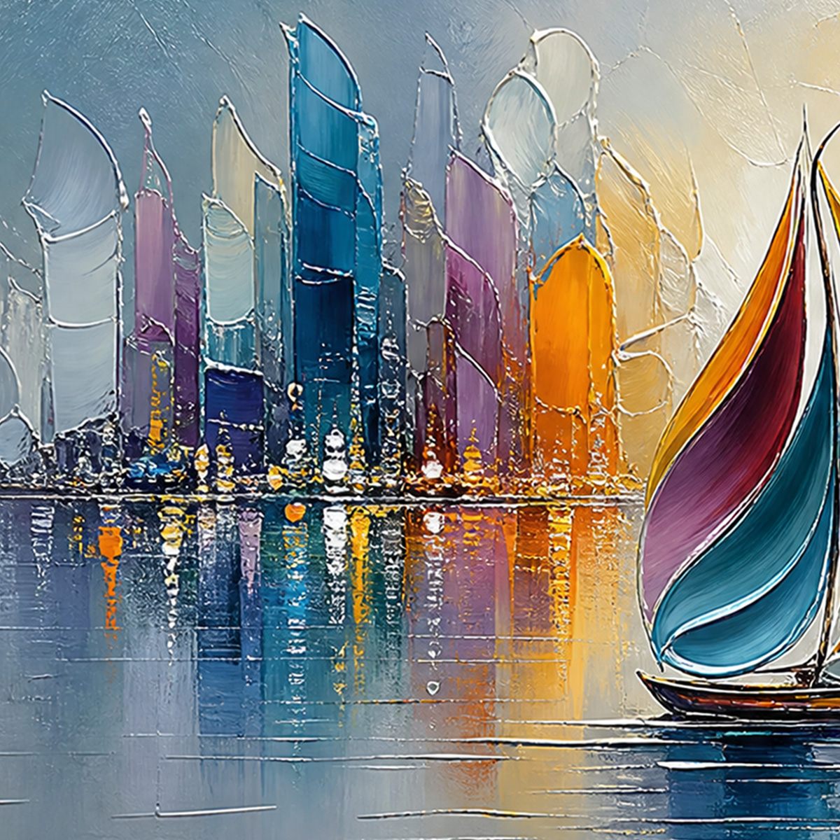 VIBRANT VOYAGE: Textured Abstract Cityscape Sailboat Painting